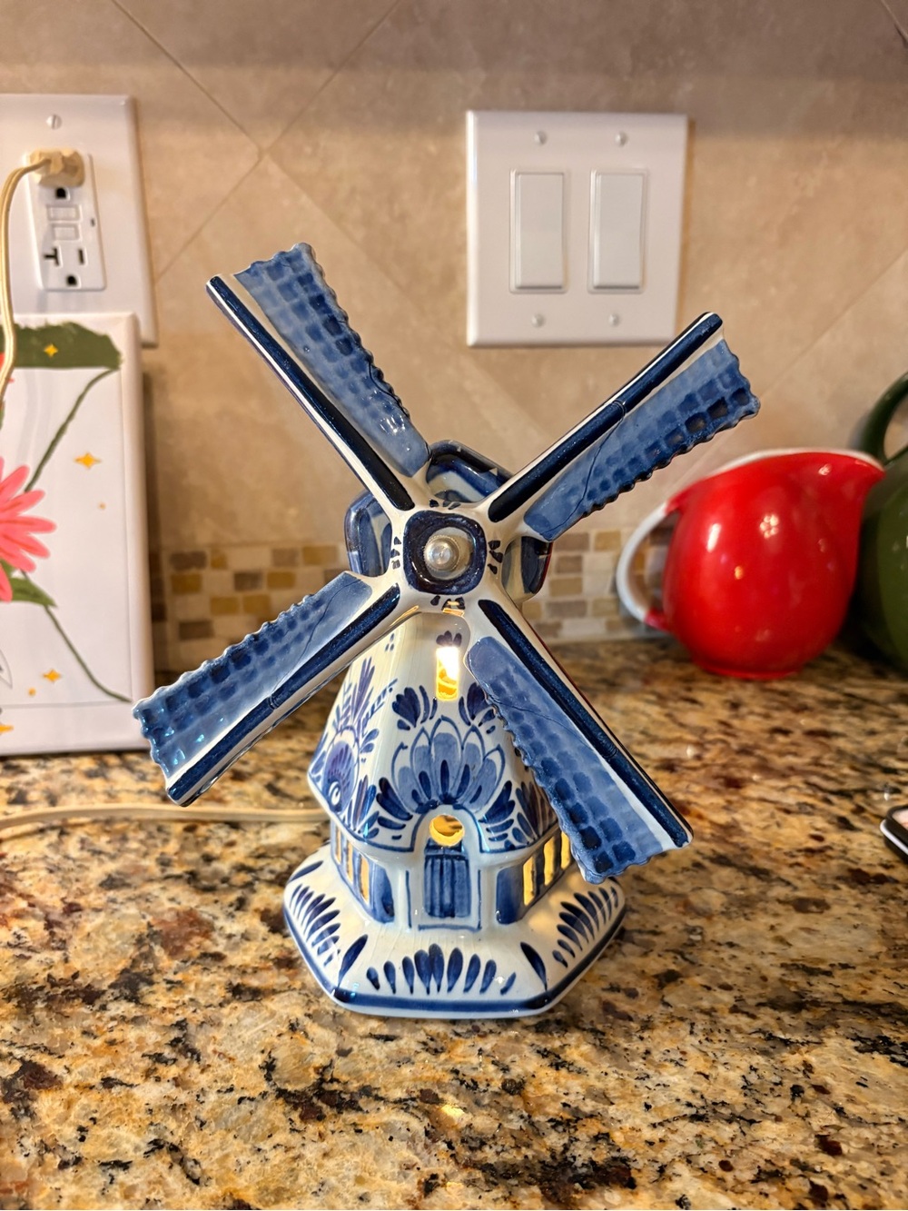 Vintage Delft Blue Windmill Ceramic Lamp - Hand Painted Holland 1960s